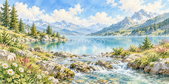 湖へ注ぐ小川の水彩風景 湖へ注ぐ小川の水彩風景