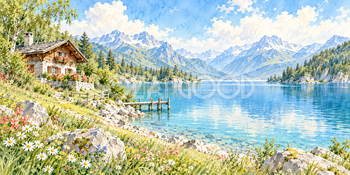 湖畔の山小屋｜アルプスと湖の無料水彩風景イラスト素材 105865