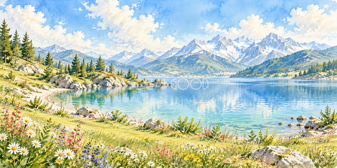 草原の湾の水彩風景