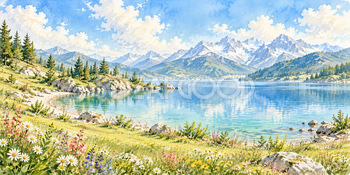 草原の湾｜アルプスと湖の無料水彩風景イラスト素材 105866