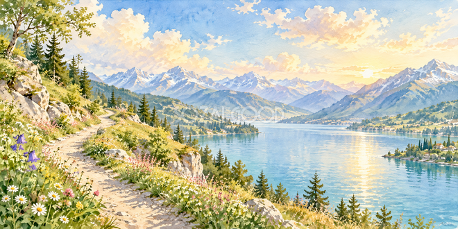 山道から見える湖の水彩風景 山道から見える湖の水彩風景