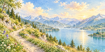 山道から見える湖｜アルプスと湖の無料水彩風景イラスト素材 105867