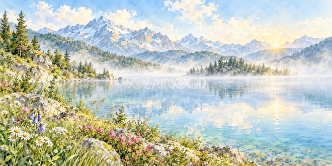 朝霧の湖の水彩風景 朝霧の湖の水彩風景