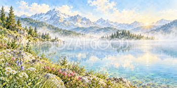 朝霧の湖｜アルプスと湖の無料水彩風景イラスト素材 105868