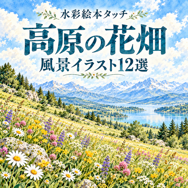 高原の花畑の水彩風景12選 高原の花畑の水彩風景12選