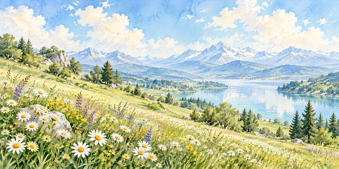 白い花の丘の水彩風景