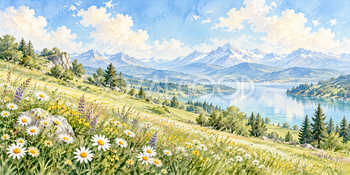 白い花の丘｜高原の花畑の無料水彩風景イラスト素材 105870