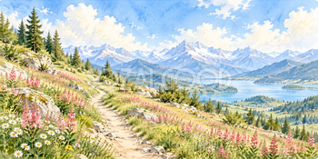 ピンクの花道｜高原の花畑の無料水彩風景イラスト素材 105871
