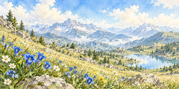 青い花と山並み｜高原の花畑の無料水彩風景イラスト素材 105874