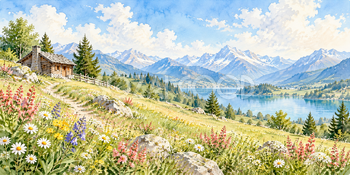 草原の小屋｜高原の花畑の無料水彩風景イラスト素材 105875