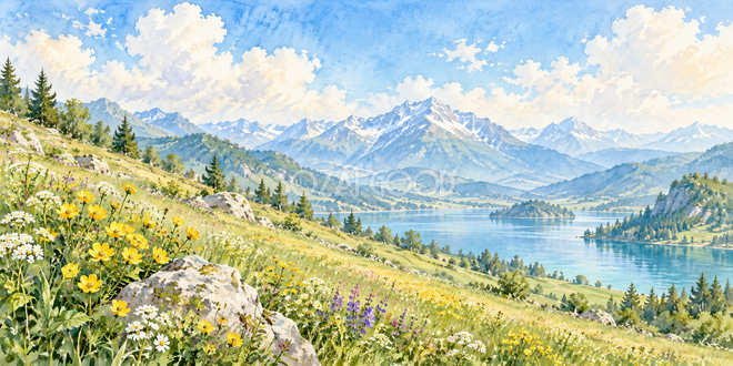 黄色い花の斜面の水彩風景 黄色い花の斜面の水彩風景