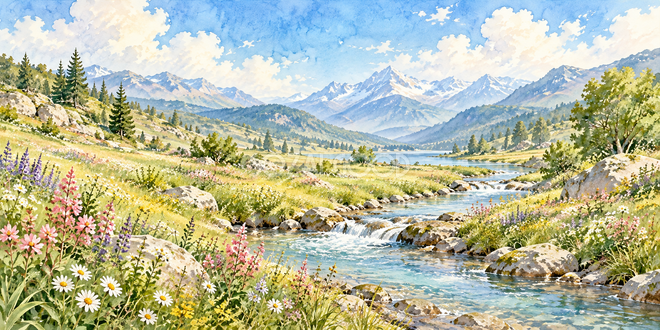 花畑の小川の水彩風景 花畑の小川の水彩風景