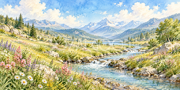 花畑の小川｜高原の花畑の無料水彩風景イラスト素材 105877