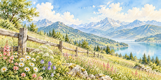 高原の木柵の水彩風景