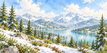 雪の針葉樹林｜雪山と森の無料水彩風景イラスト素材 105879