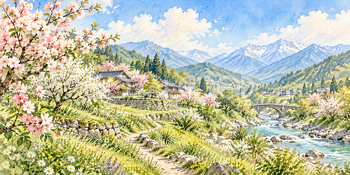 春の山里｜山里の四季の無料水彩風景イラスト素材 105880
