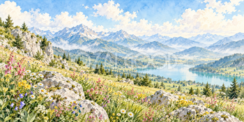 岩と野の花｜高原の花畑の無料水彩風景イラスト素材 105881