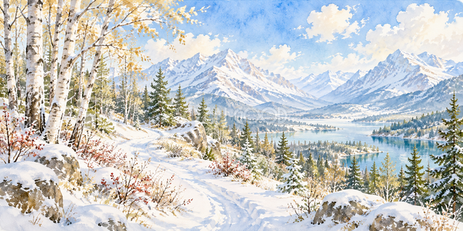 白樺と雪道の水彩風景