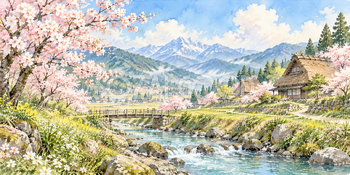 桜と茅葺き屋根｜山里の四季の無料水彩風景イラスト素材 105883