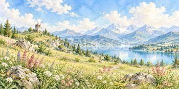 遠くの風車｜高原の花畑の無料水彩風景イラスト素材 105884