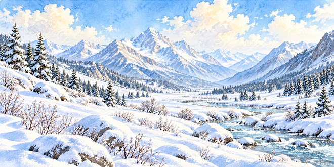 雪山の谷の水彩風景 雪山の谷の水彩風景
