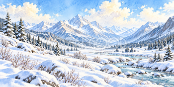 雪山の谷｜雪山と森の無料水彩風景イラスト素材 105885