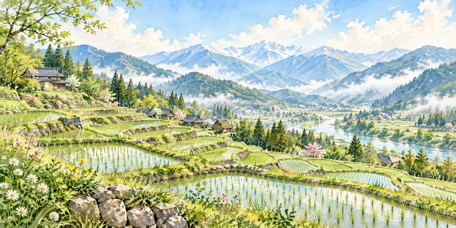 新緑の棚田の水彩風景 新緑の棚田の水彩風景