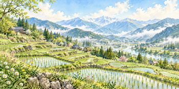 新緑の棚田｜山里の四季の無料水彩風景イラスト素材 105886