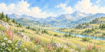緩やかな花の谷｜高原の花畑の無料水彩風景イラスト素材 105887