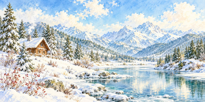 冬の小屋の水彩風景
