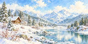 冬の小屋｜雪山と森の無料水彩風景イラスト素材 105888