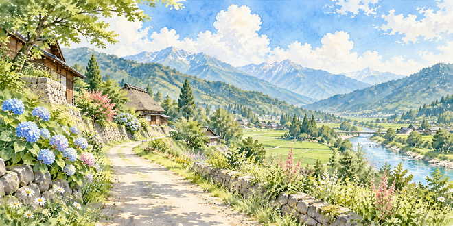 夏の里道の水彩風景 夏の里道の水彩風景