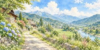 夏の里道｜山里の四季の無料水彩風景イラスト素材 105889