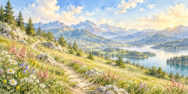 花畑の一本道の水彩風景 花畑の一本道の水彩風景