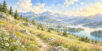 花畑の一本道｜高原の花畑の無料水彩風景イラスト素材 105890