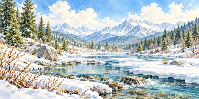凍った小川の水彩風景 凍った小川の水彩風景
