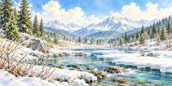 凍った小川｜雪山と森の無料水彩風景イラスト素材 105891