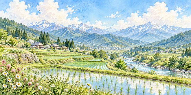 青田と山並みの水彩風景 青田と山並みの水彩風景