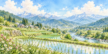 青田と山並み｜山里の四季の無料水彩風景イラスト素材 105892