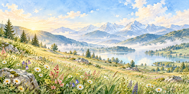 朝露の草原の水彩風景 朝露の草原の水彩風景