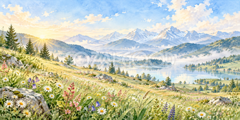 朝露の草原｜高原の花畑の無料水彩風景イラスト素材 105893