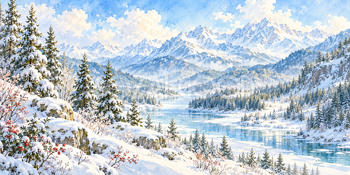 青い影の森｜雪山と森の無料水彩風景イラスト素材 105894