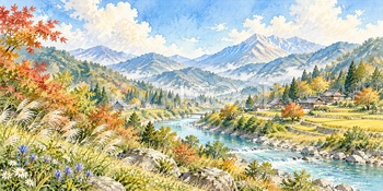 初秋の集落｜山里の四季の無料水彩風景イラスト素材 105895