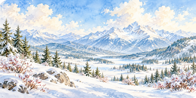 雪原と山並みの水彩風景 雪原と山並みの水彩風景