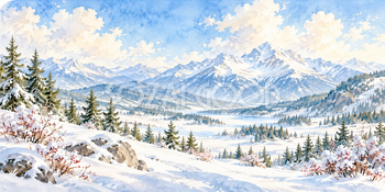 雪原と山並み｜雪山と森の無料水彩風景イラスト素材 105896