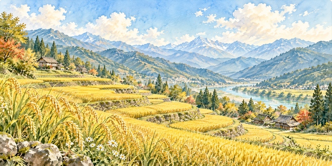 黄金の棚田の水彩風景 黄金の棚田の水彩風景