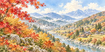 紅葉の山里｜山里の四季の無料水彩風景イラスト素材 105898