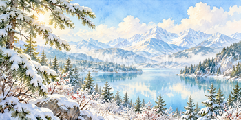 霧氷の枝｜雪山と森の無料水彩風景イラスト素材 105899