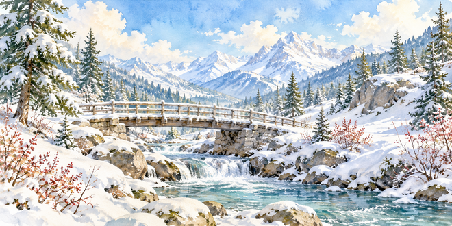 森の木橋の水彩風景 森の木橋の水彩風景