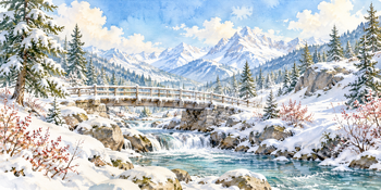 森の木橋｜雪山と森の無料水彩風景イラスト素材 105900